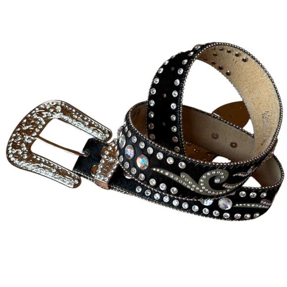 Nacona Black Calfskin Western Big Buckle Bling Belt w Rhinestones size M - Picture 2 of 13